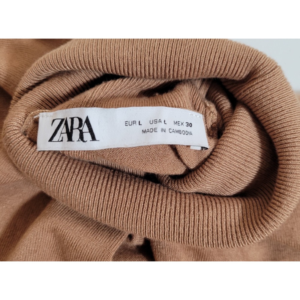 Zara Light Brown Short Sleeve Sweater Size Large Knit Turtleneck 1047 - Picture 4 of 5